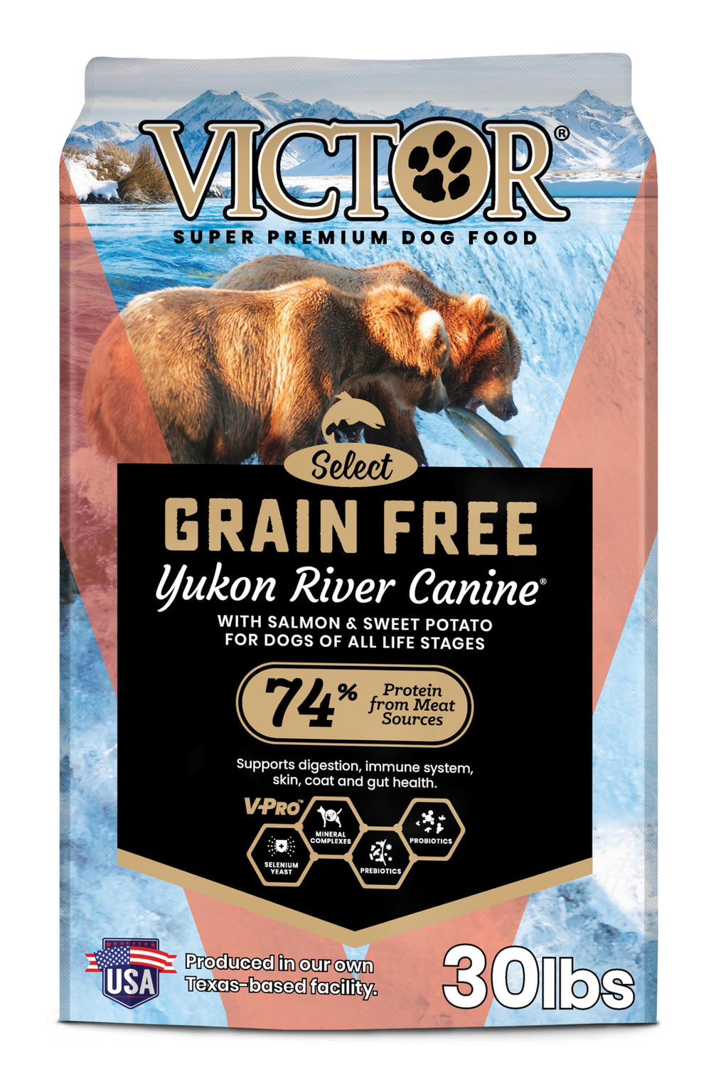 VICTOR Grain Free Yukon River Canine bag highlights grain-free nutrition for active dogs.