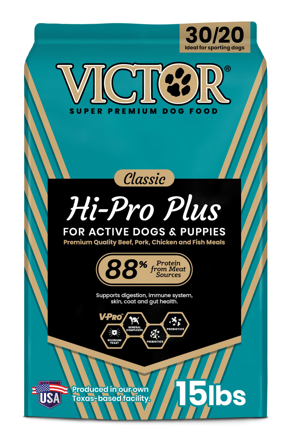 VICTOR Hi-Pro Plus dry dog food bowl closeup with premium meat meals for energy.