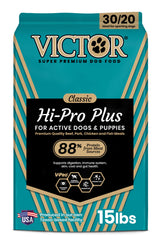 VICTOR Hi-Pro Plus dry dog food bowl closeup with premium meat meals for energy.