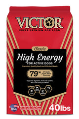 VICTOR High Energy dog food bag front view, premium formula for active dogs.