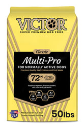 VICTOR Multi-Pro dry dog food bag showing all life stages suitability for dogs