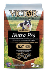 VICTOR Nutra Pro bag front with gluten-free, high-protein formula for active dogs.