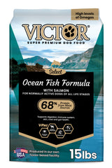 VICTOR Ocean Fish formula bag front shows all life stages nutrition for active dogs