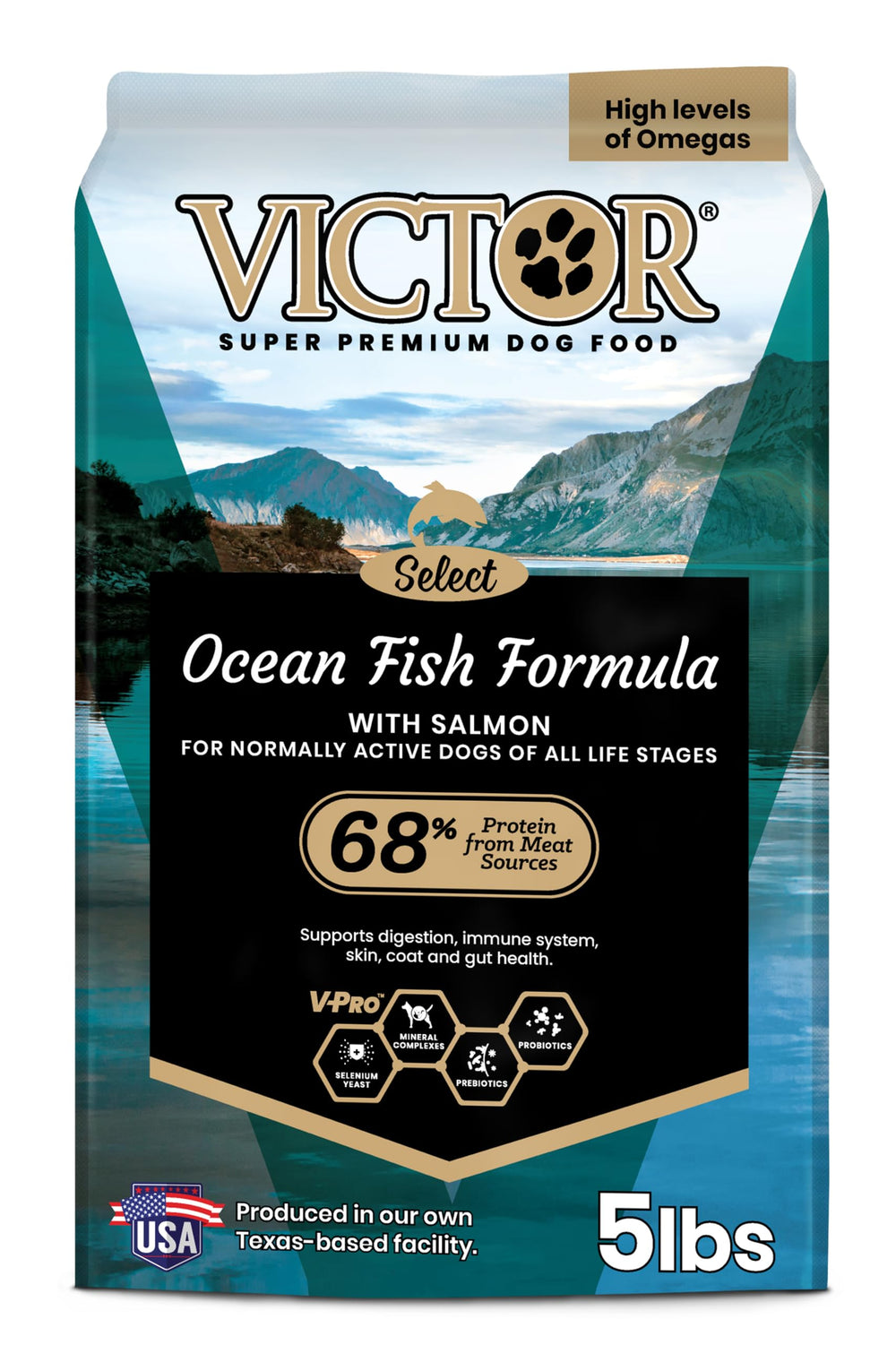 VICTOR Ocean Fish formula bag beside bowl highlighting premium fish protein for healthy energy