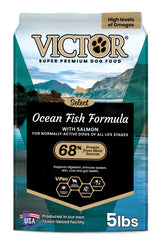 VICTOR Ocean Fish formula bag beside bowl highlighting premium fish protein for healthy energy