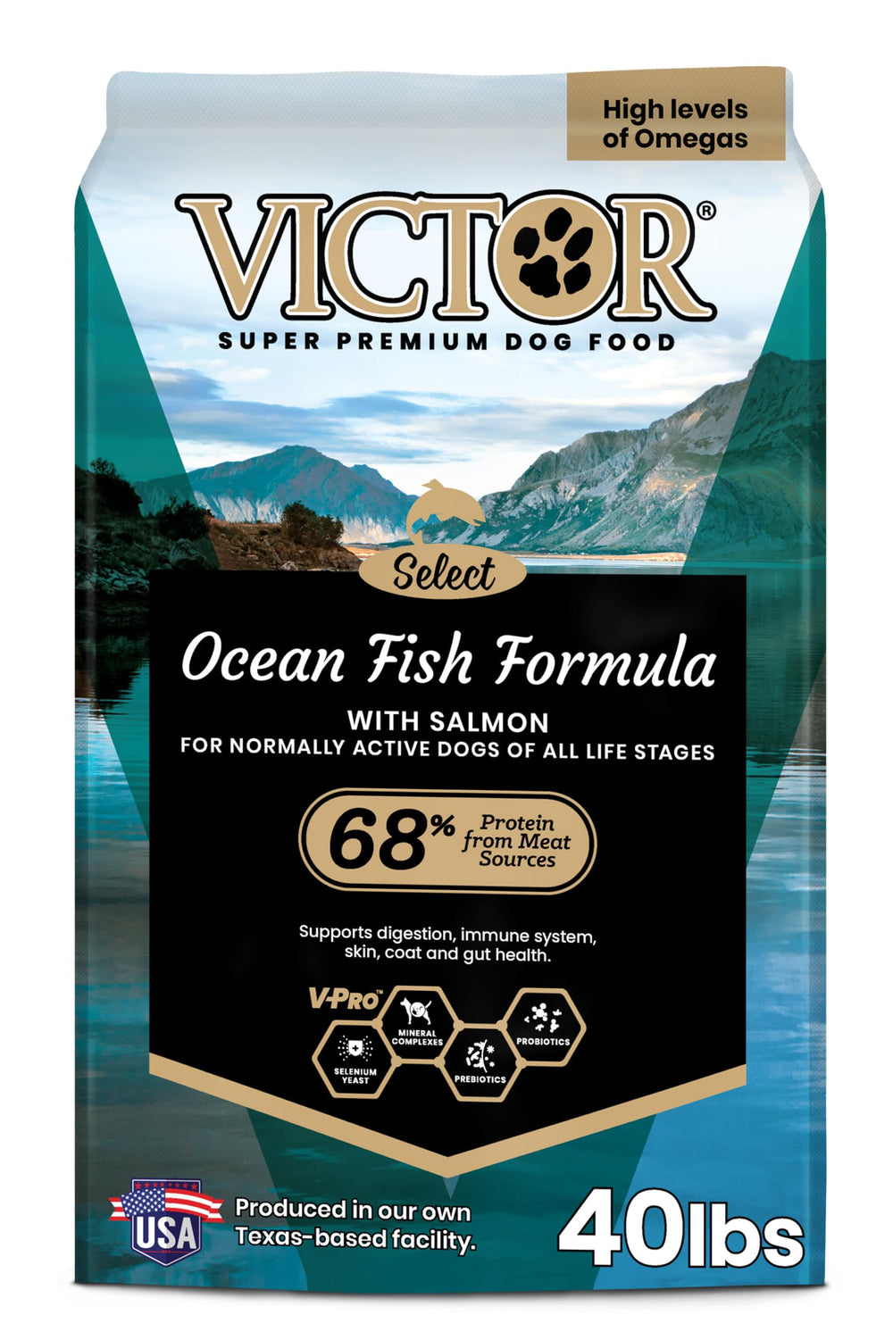 VICTOR Ocean Fish Salmon bag front showing protein-rich kibble for energy
