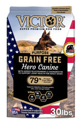 VICTOR Purpose Hero Canine Kibble bag front shows gluten-free formula for active dogs.