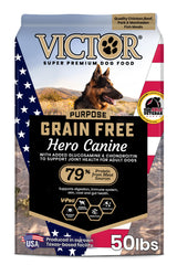 VICTOR Purpose Hero dog kibble bag, grain-free formula for sensitive stomachs and active dogs.