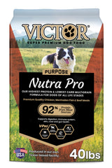 VICTOR Nutra Pro bag front view highlighting high protein formula for active dogs