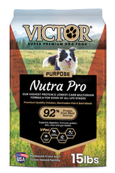 VICTOR Nutra Pro bag with high-protein, low-carb kibble for active dogs.