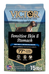 VICTOR Sensitive Skin and Stomach bag front shows gluten-free formula for sensitive dogs.