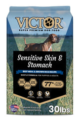 VICTOR Sensitive Skin and Stomach beef meal brown rice bag indicates digestibility and allergen-friendly formula