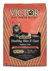 VICTOR super premium cat food bag highlighting grain-free formula for skin health