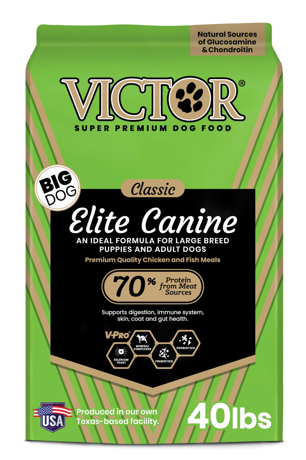 VICTOR Super Premium Dog Food bag front showing large breed formula and protein-rich kibble