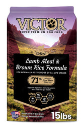 VICTOR Super Premium Lamb Meal & Brown Rice kibble in bag supports energy for normally active dogs