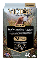 VICTOR super premium dog food front bag shows senior healthy-weight formula for aging dogs.