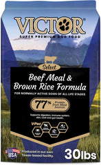 VICTOR Super Premium dog food select beef brown rice bag showing balanced nutrition