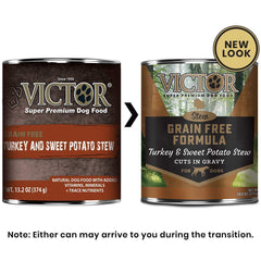 VICTOR Turkey and Sweet Potato Stew in Gravy close-up with hearty gravy and turkey chunks