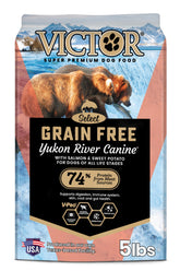VICTOR Yukon River Canine kibble in a bowl emphasizes grain-free, fish protein for steady energy.