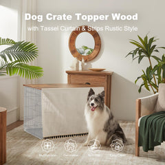 VIE DE AMAN tassel curtain attached to top, hides kennel while adding decor.
