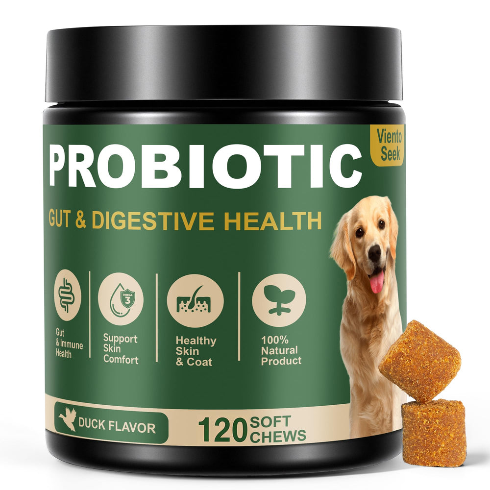 VientoSeek probiotic bottle with duck flavor supports dog gut balance.