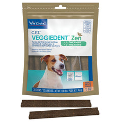 Virbac VeggieDent Zen small dog bag front view highlighting tartar control chews.