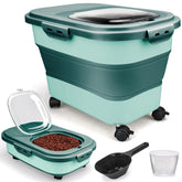 Viretec collapsible dog food container opened to show adjustable capacity for kibble