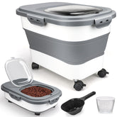 Viretec dog food container in collapsed state for compact storage and portions