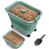 Viretec dog food storage container with transparent lid showing remaining kibble for quick refills