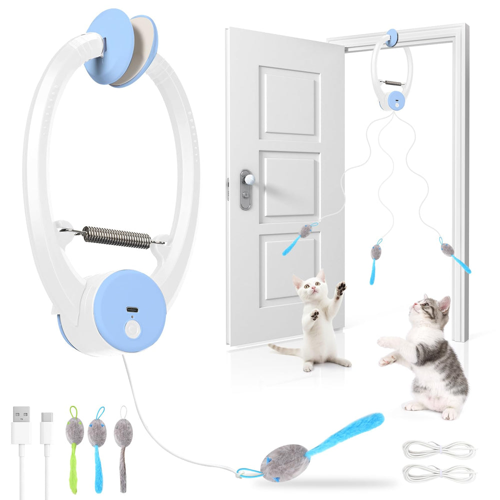 Virgooer interactive cat toy hanging from a door frame to entertain indoor cats.