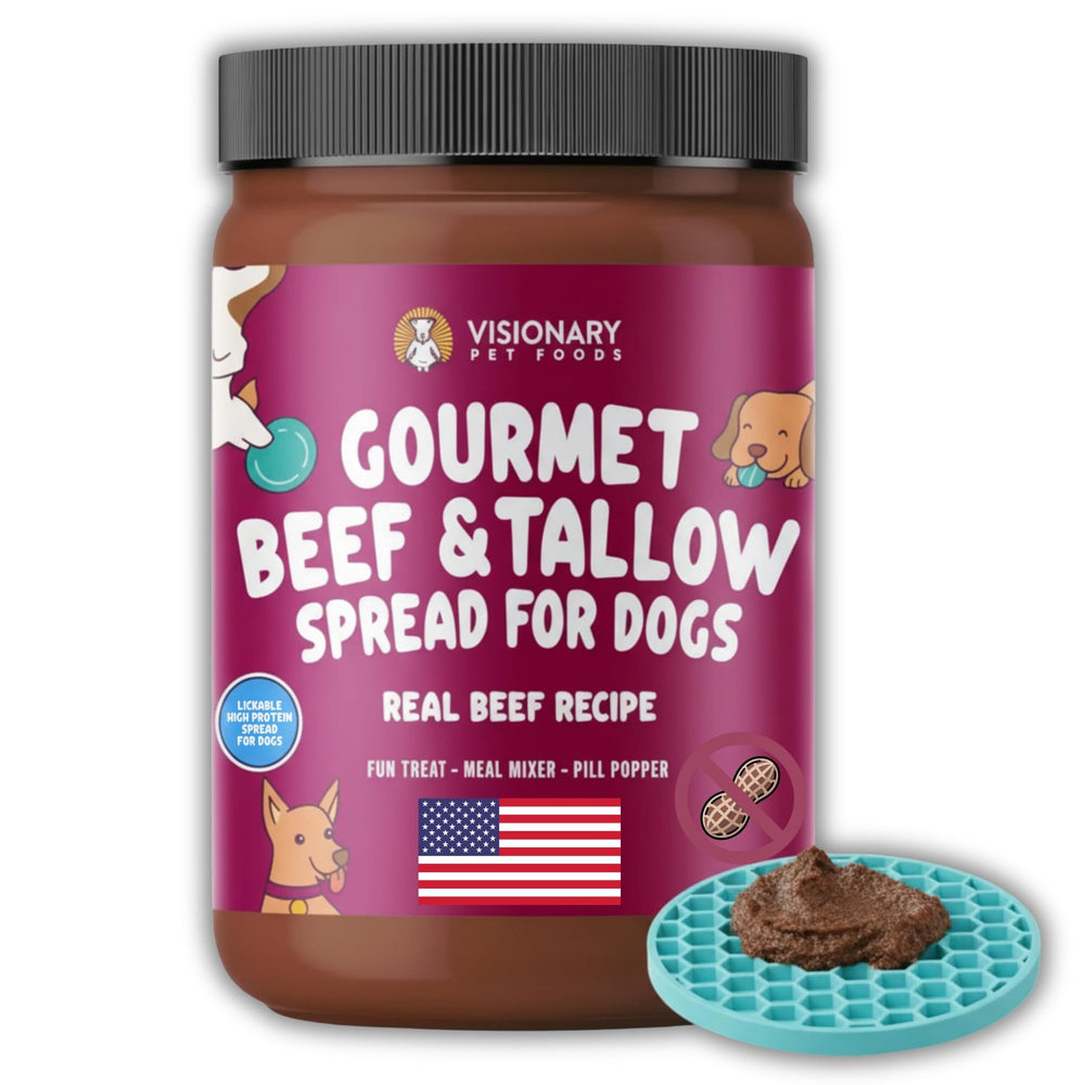 Visionary Pet Foods Beef Meat Spread in a jar, a protein-rich topper for meals and lick mats.