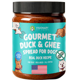Visionary Pet Foods Duck Meat Spread jar shows rich texture for easy dog toppers.