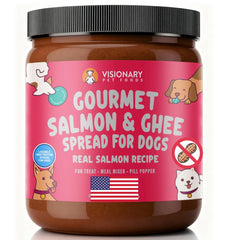 Visionary Pet Foods Salmon Meat Spread jar for dogs, protein-rich treat.
