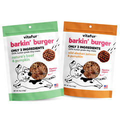 Vitafur Barkin Burger beef-pumpkin treat promotes lean muscle and tasty snacking.