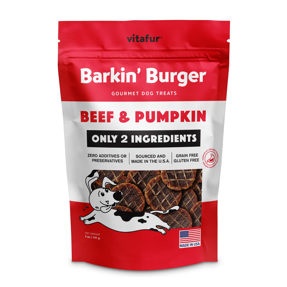 Vitafur Barkin Burger packaging shows USA-made two-ingredient dog treats