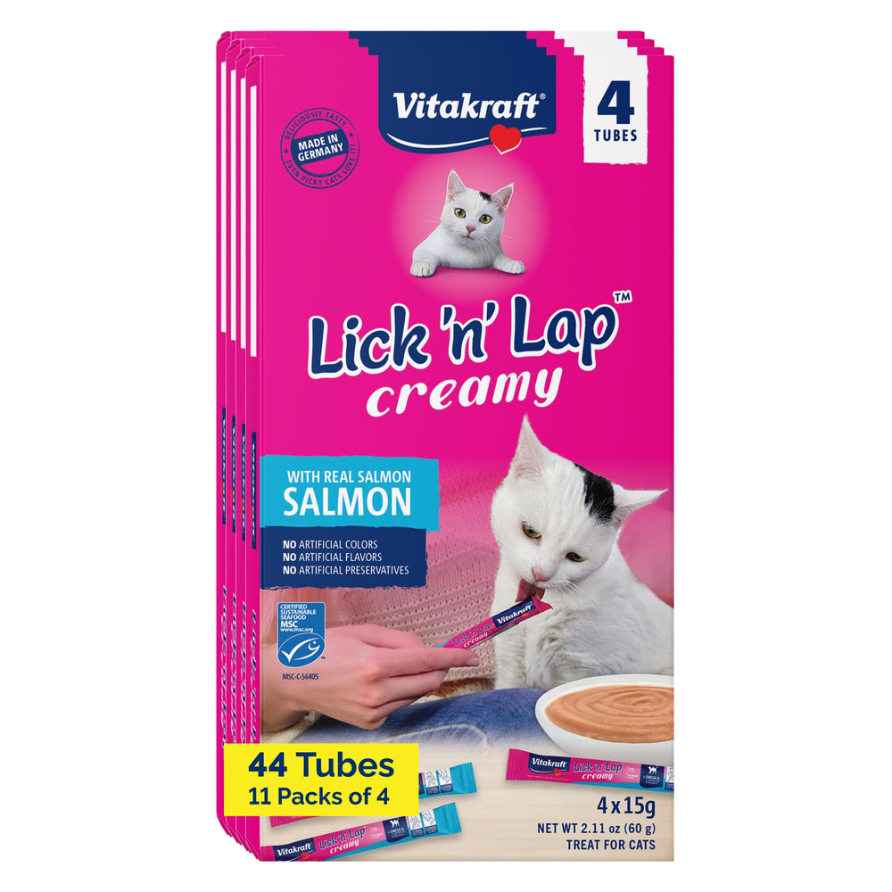 Vitakraft Lick 'N' Lap salmon broth tubes, easy to squeeze for cats.