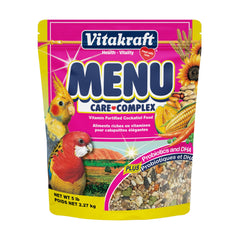 Vitakraft Menu Cockatiel Food bag front view promoting fresh resealable packaging for daily feeding.
