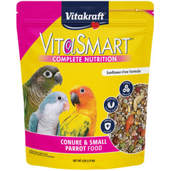 Vitakraft VitaSmart conure and small parrot food 4-lb bag on display for fresh daily nutrition.