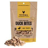 Vital Essentials duck treats bag front highlights single-protein formula for focused training