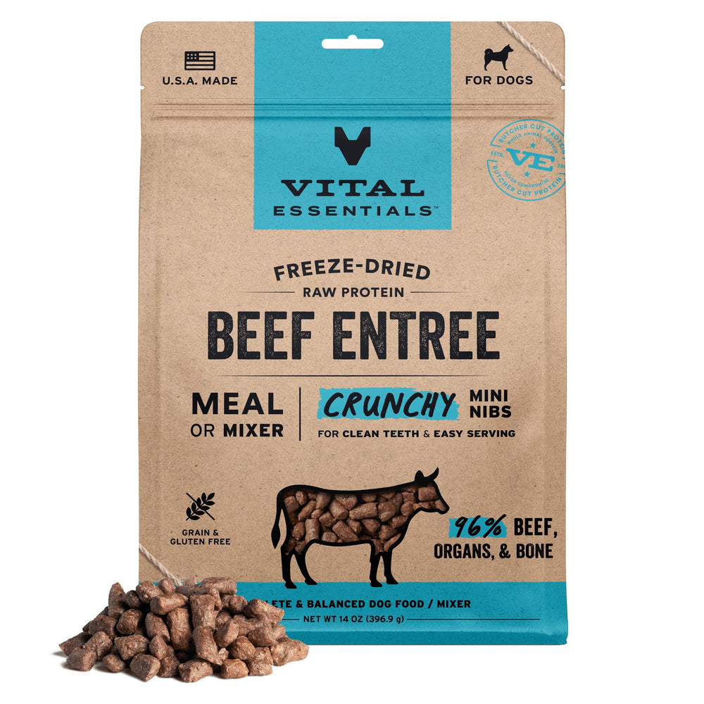 Vital Essentials freeze dried beef nibs bag front highlighting high protein grain-free dog food