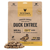 Vital Essentials freeze-dried duck soft nibs bag highlights high-protein cat nutrition
