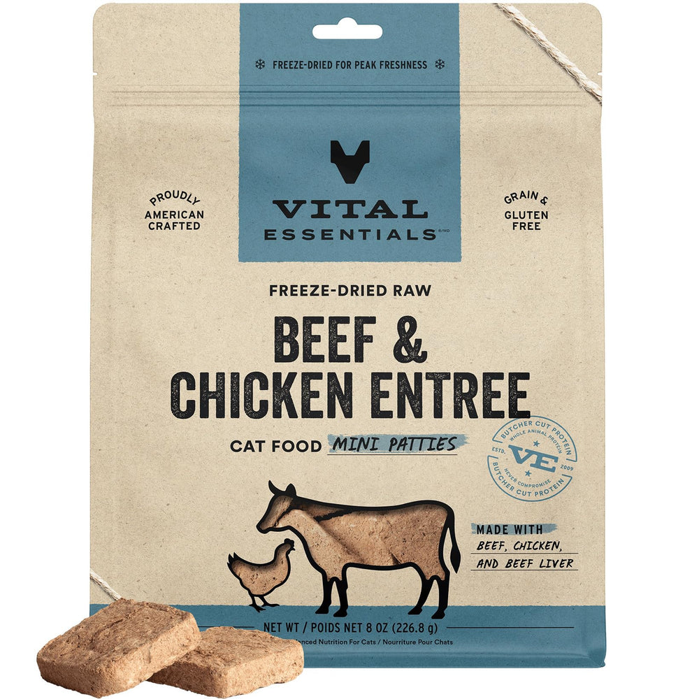 Vital Essentials freeze-dried cat food beef-chicken mini patties for lean muscles and energy