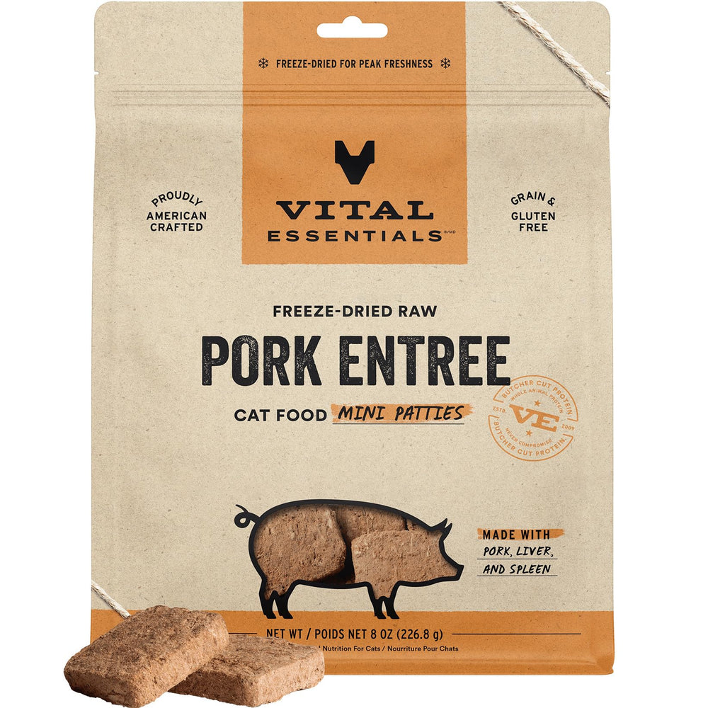 Vital Essentials freeze-dried pork mini patties—high-protein cat food for active cats.