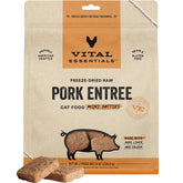 Vital Essentials freeze-dried pork mini patties—high-protein cat food for active cats.