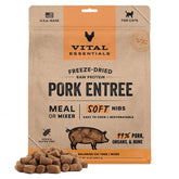 Vital Essentials freeze-dried cat food pork soft nibs pack shot, protein-rich nutrition.