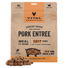 Vital Essentials freeze-dried cat food pork soft nibs pack shot, protein-rich nutrition.