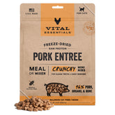 Vital Essentials freeze-dried cat food packaging shows raw pork mini nibs for convenient high-protein meals.