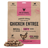 Vital Essentials Freeze Dried Cat Food Soft Nibs chicken packaging showcases premium protein.