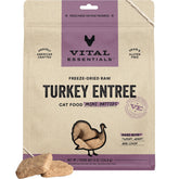Vital Essentials freeze-dried turkey mini-patties bag showing high protein and convenient feeding.