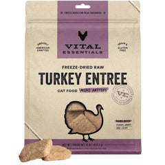 Vital Essentials turkey mini patty close-up showing a high-protein bite for active cats